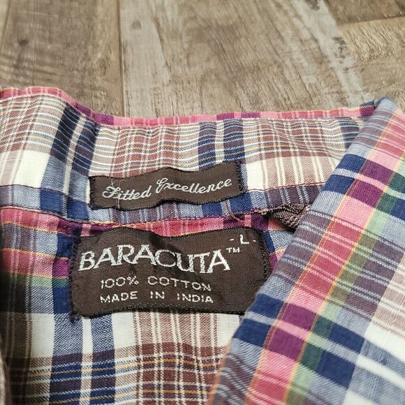 BARACUTA Shirt Men’s Large Multicolored Check Short Sleeve Button Up Logo - Picture 2 of 6